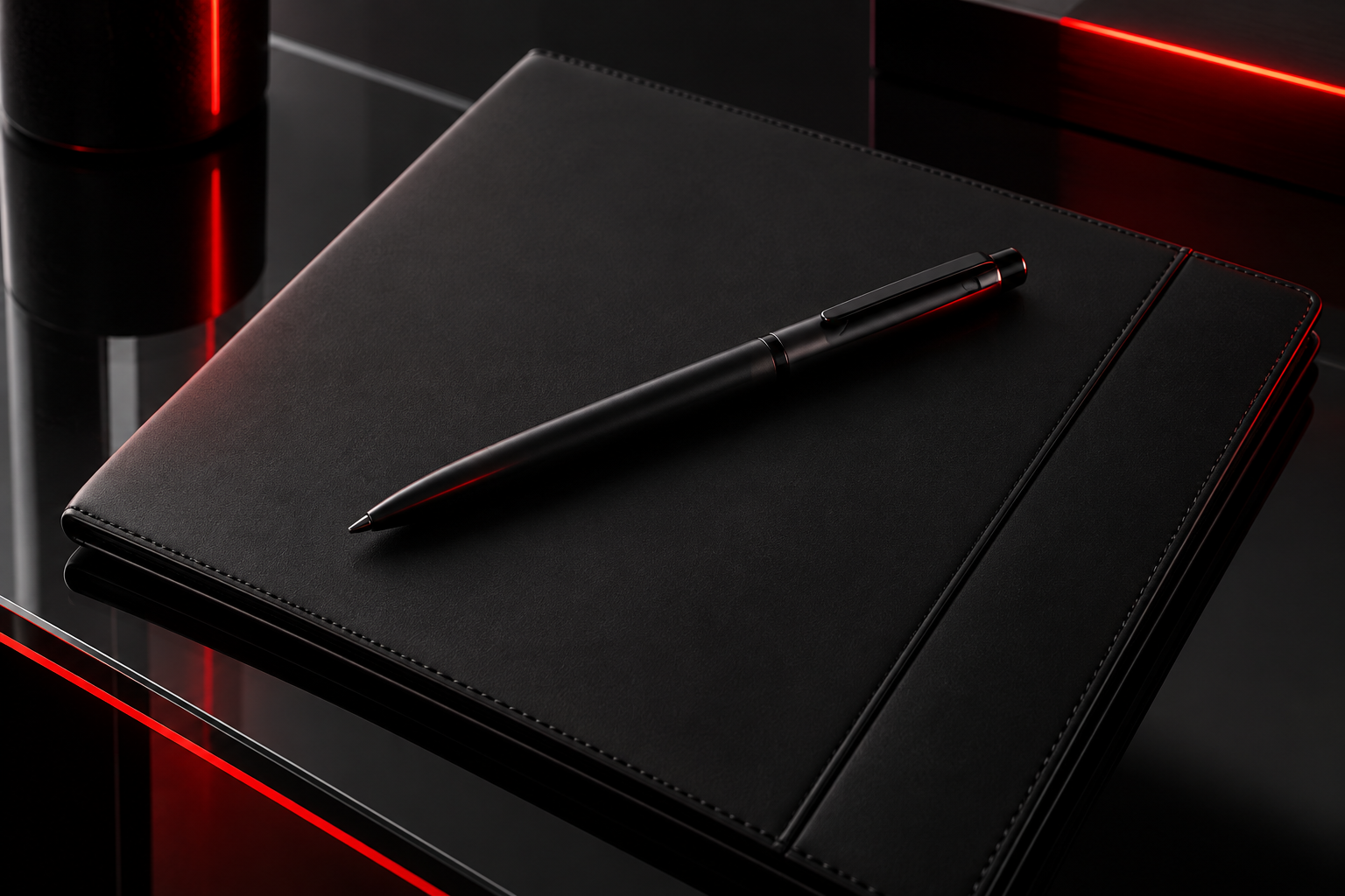 Black precision pen and document folio with red lighting